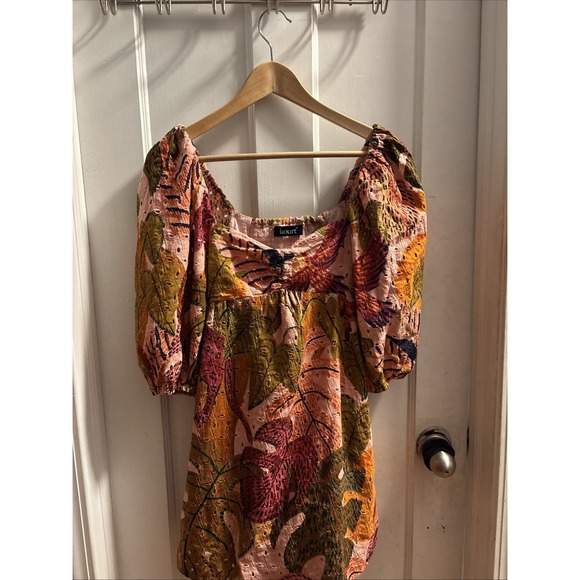 Kourt Green & Pink Floral Robbie Eyelet Puff Sleeve Mini Dress Womens Size Small - Picture 1 of 6